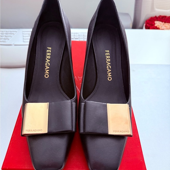 Salvatore Ferragamo Shoes - Salvatore Ferragamo Black Flats with Gold Detail